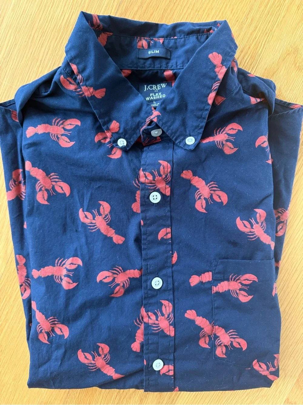 Mens J. Crew Navy Button-Down Shirt with Red Lobster Print Slim Large